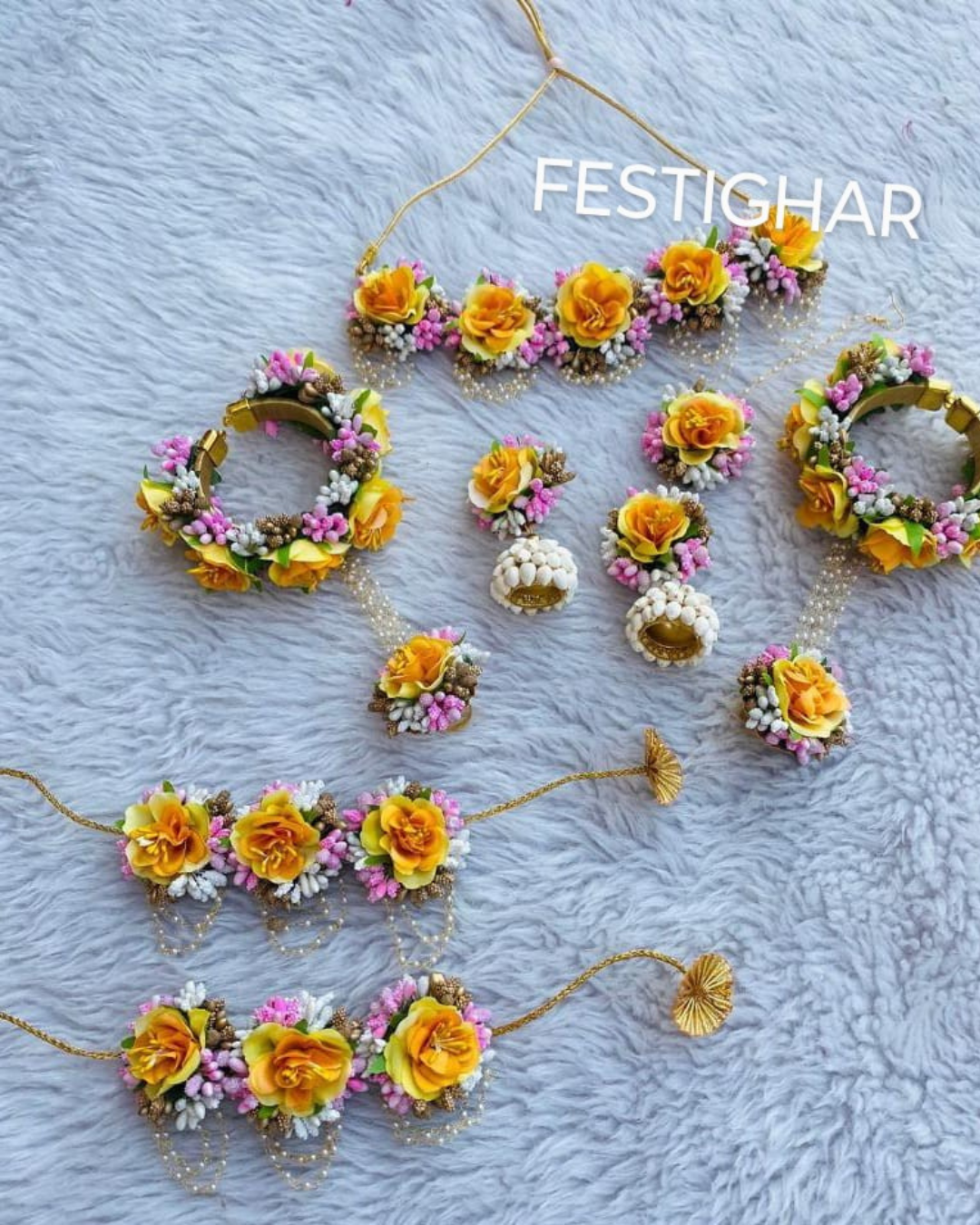 Flower Jewellery Set in yellow colour