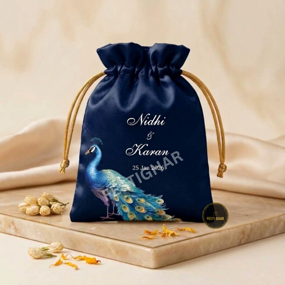 Satin potli bags in blue peacock theme