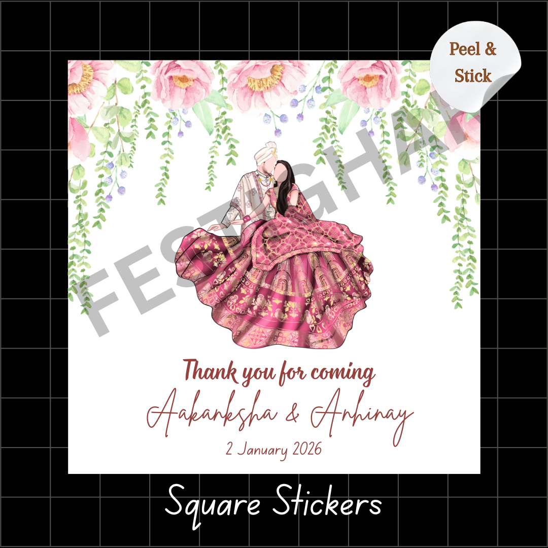 Square Gift sticker for wedding in floral caricature