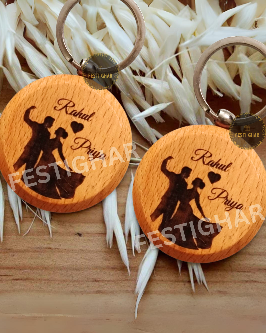 Bride and Groom Wooden Engraved Keychain