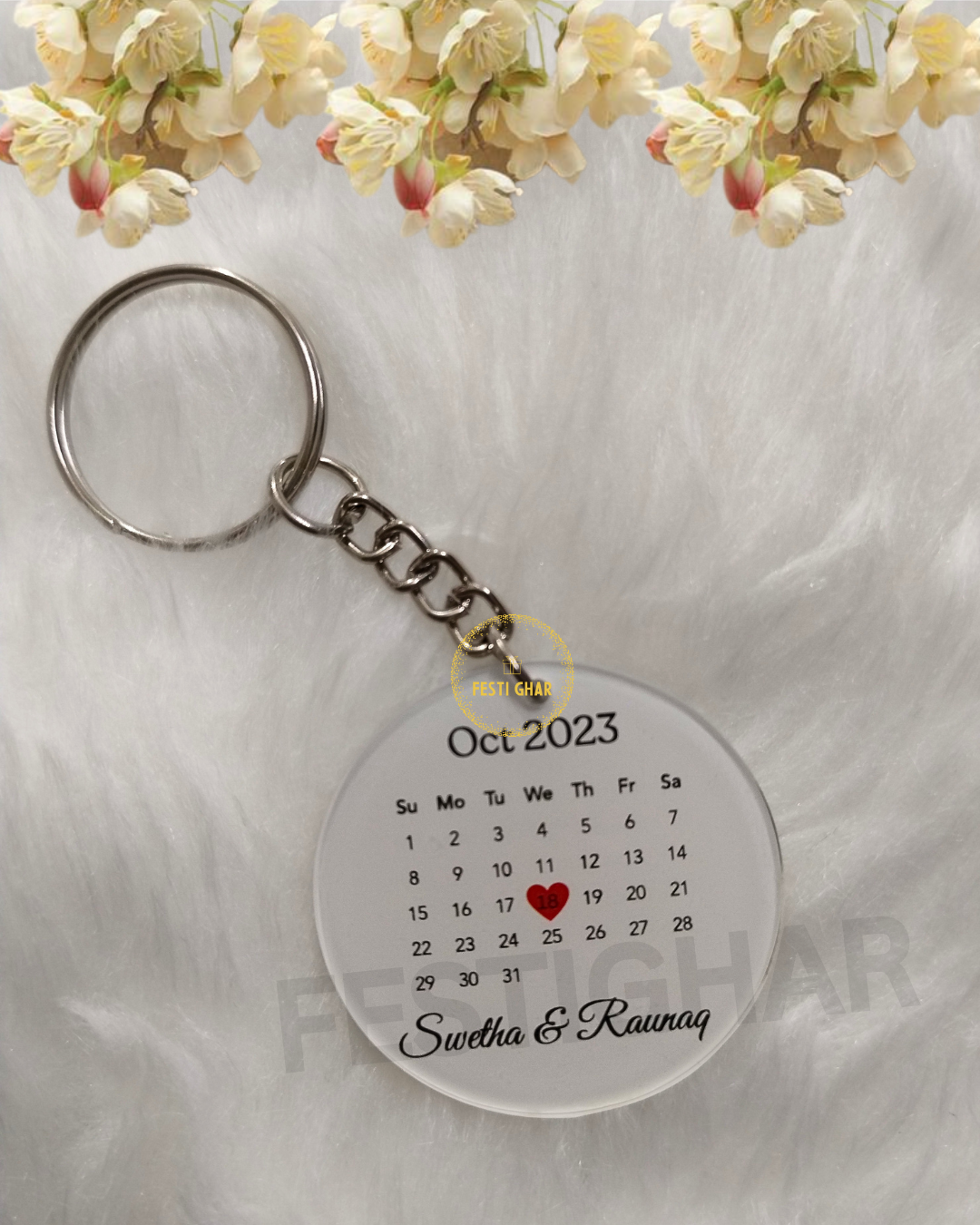 Wedding Date Calendar Keychain in white