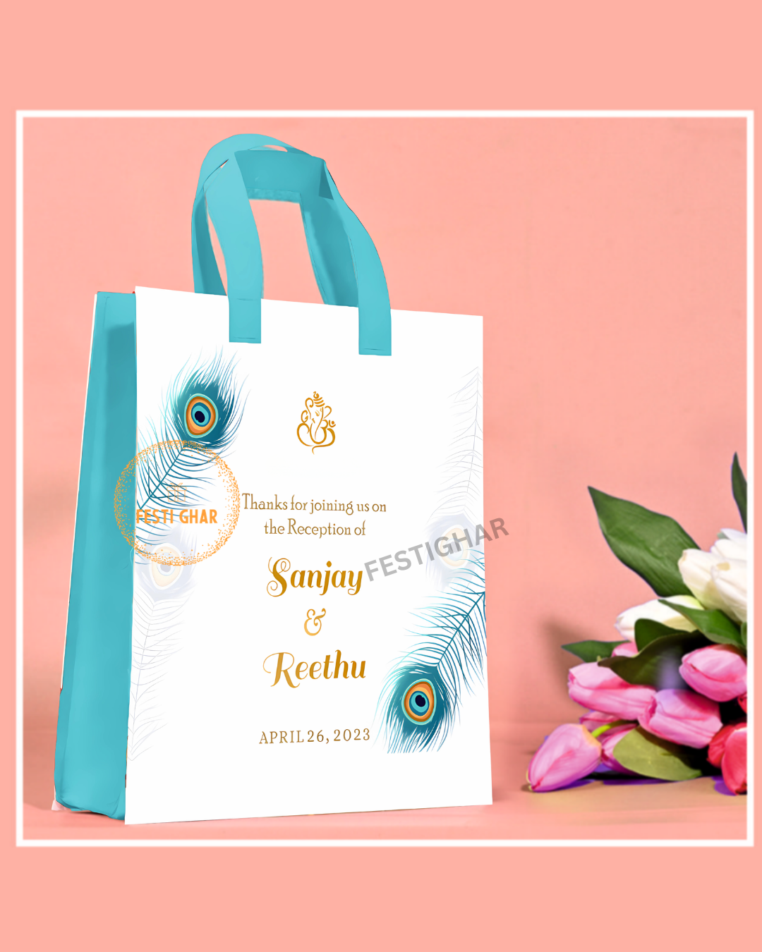 Wedding Fabric Bags in blue with peacock feather