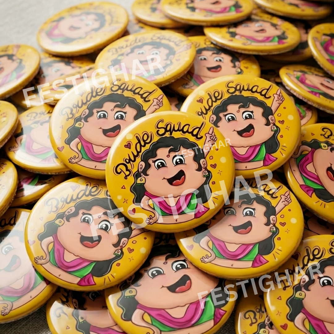 Bride Squad badges in yellow