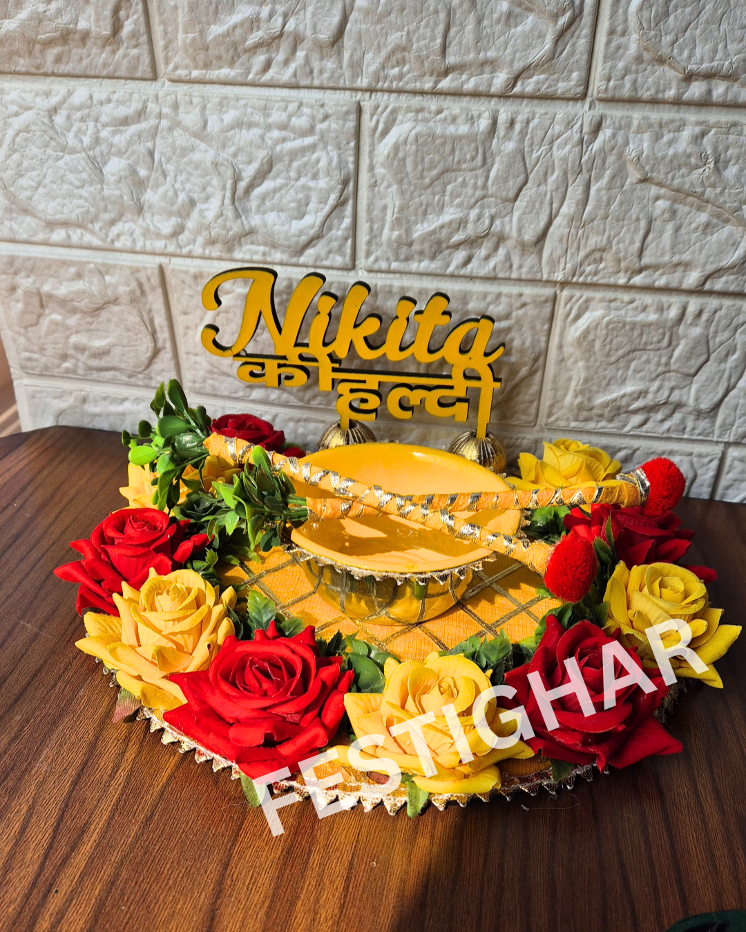 Haldi Platter in floral in yellow and red