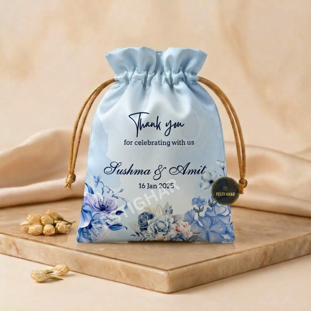 Customized satin potli bags in blue