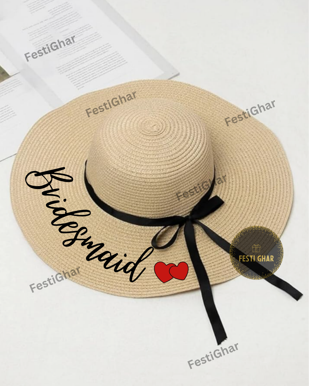 Bridesmaid beach hat with a hearts