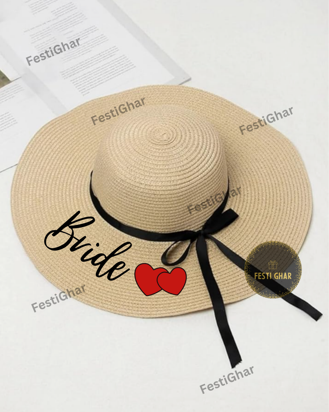 Bride beach hat with hearts