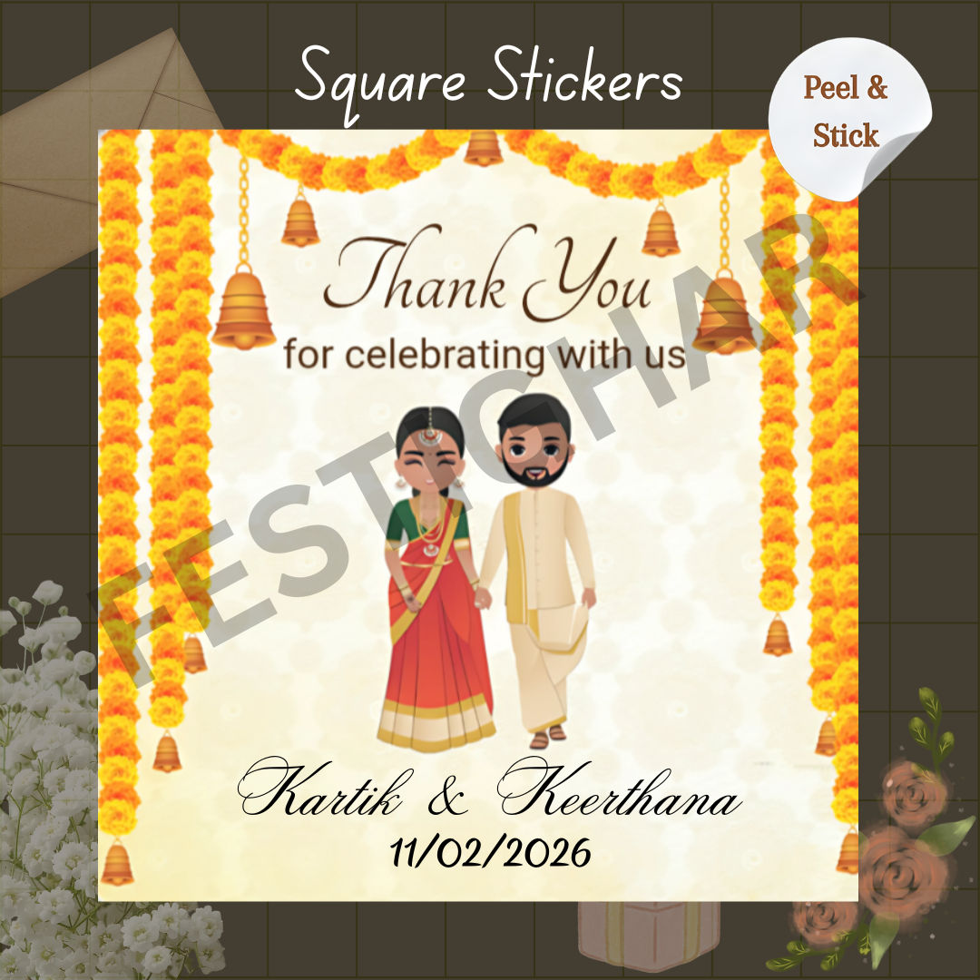 Square Gift sticker for wedding in orange yellow