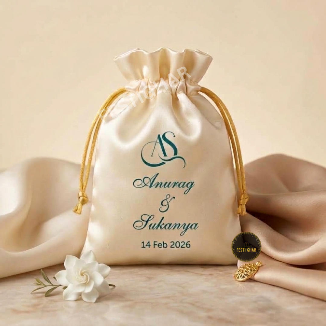 Personalized satin potli bags for wedding
