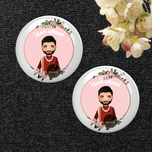 Team Groom badge in red sherwani