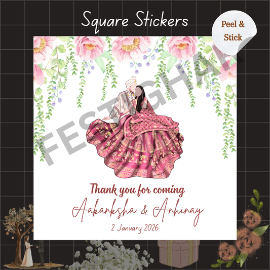 Square Gift sticker for wedding in floral caricature