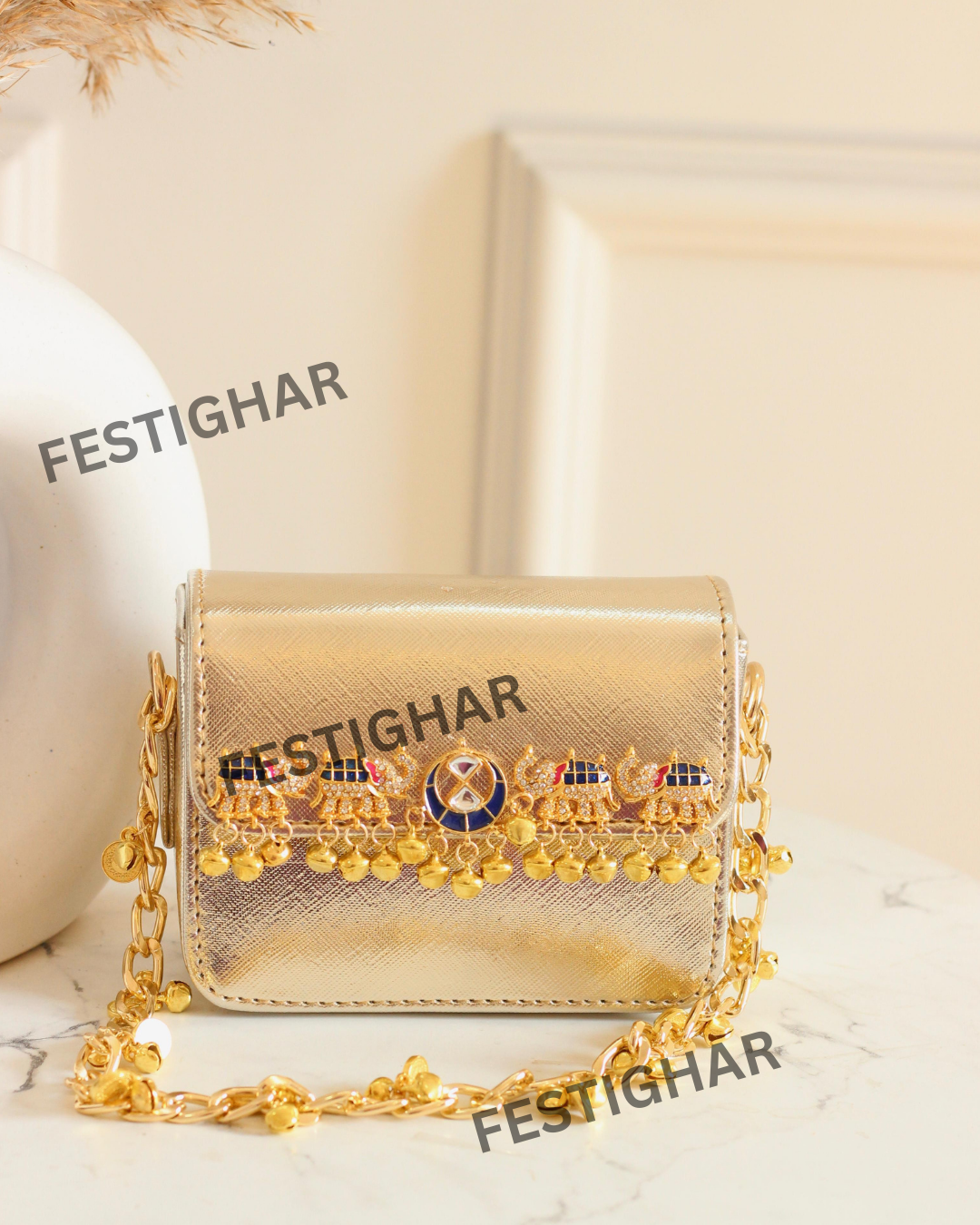 Golden metallic bags mini with Elephants