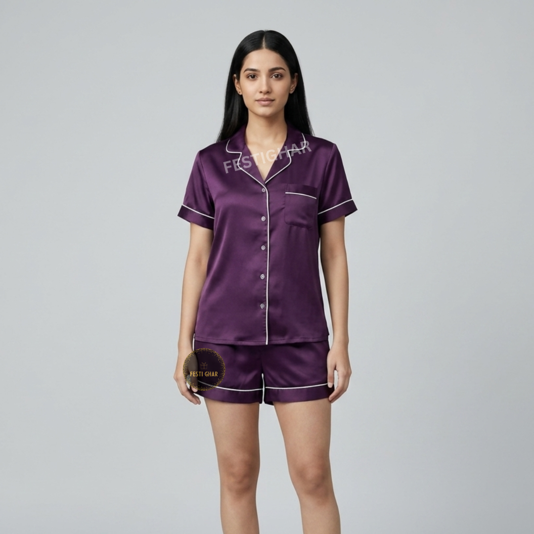 Satin Shorts Set - Line Heart design