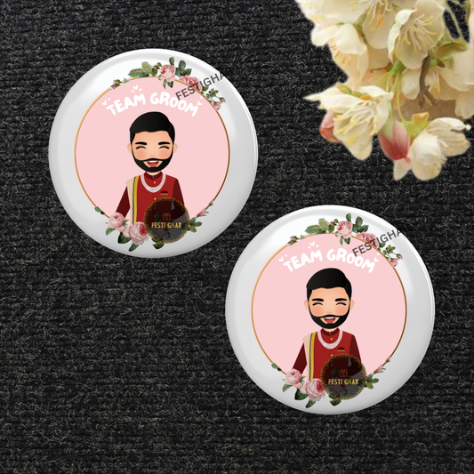 Team Groom badge in red sherwani