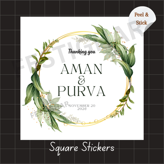 Gift sticker for wedding in green leaves theme