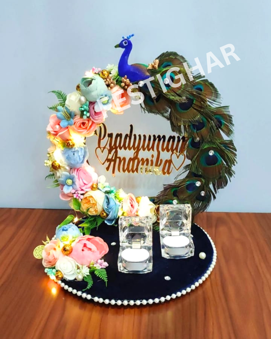 Engagement Platter multicolored peacock pattern