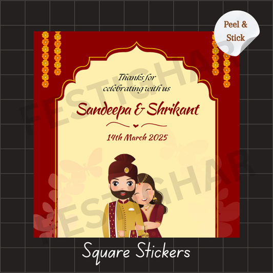 Gift sticker for wedding with bride and groom caricatues