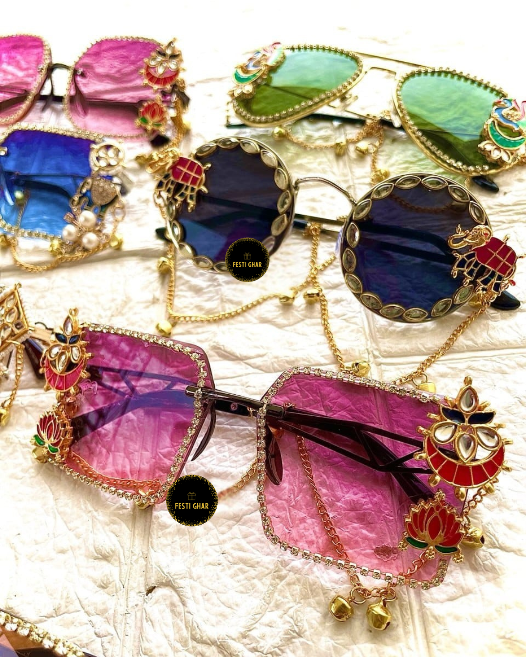 Kashmiri designer sunglasses with ghungroo chain