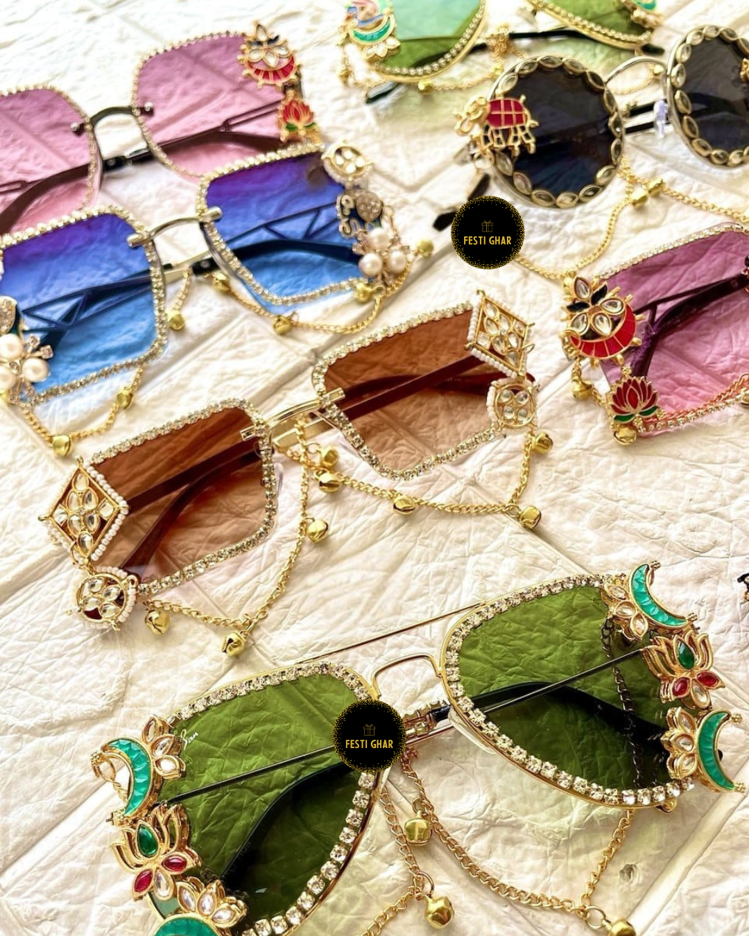 Kashmiri designer sunglasses with ghungroo chain