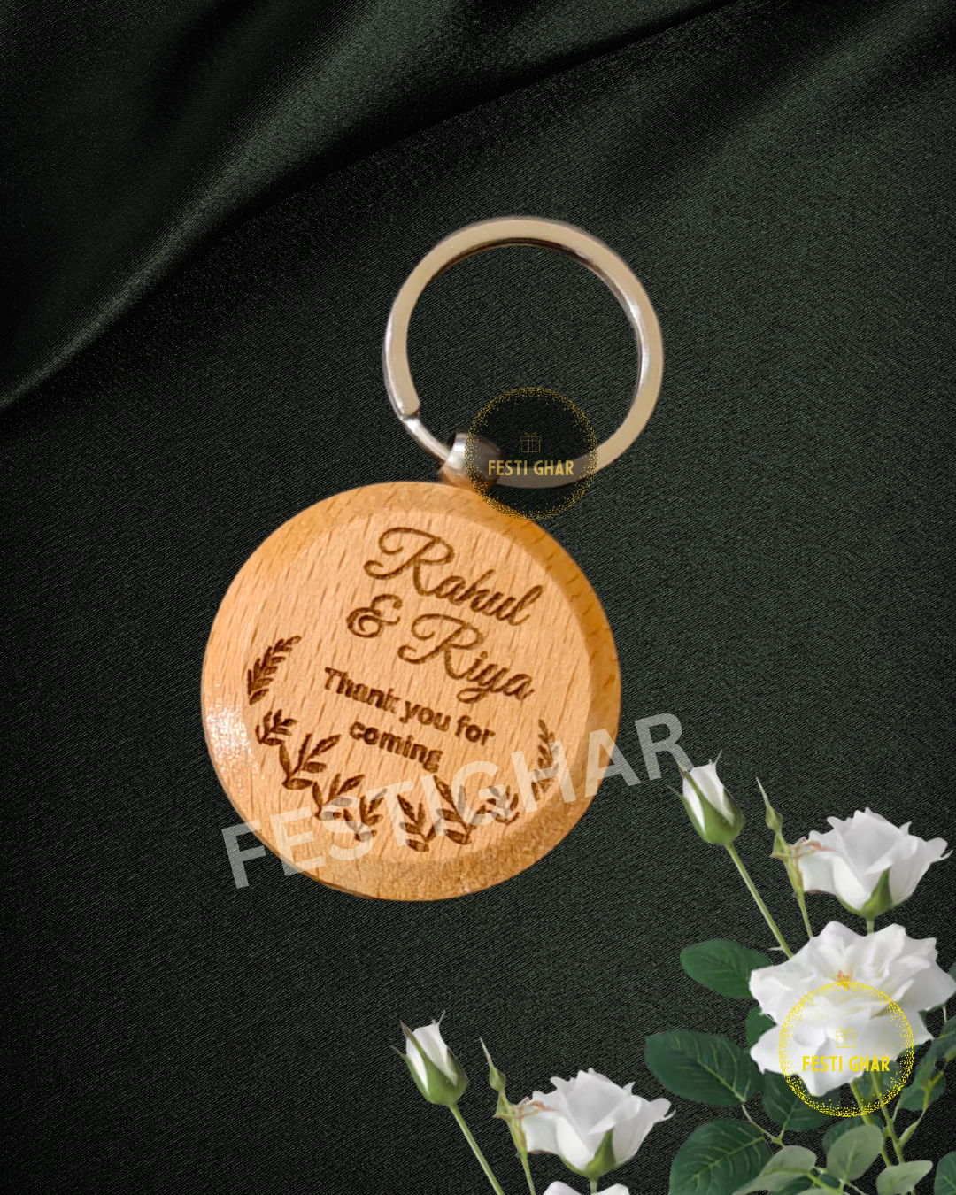 Thank you for coming Floral wooden keychain