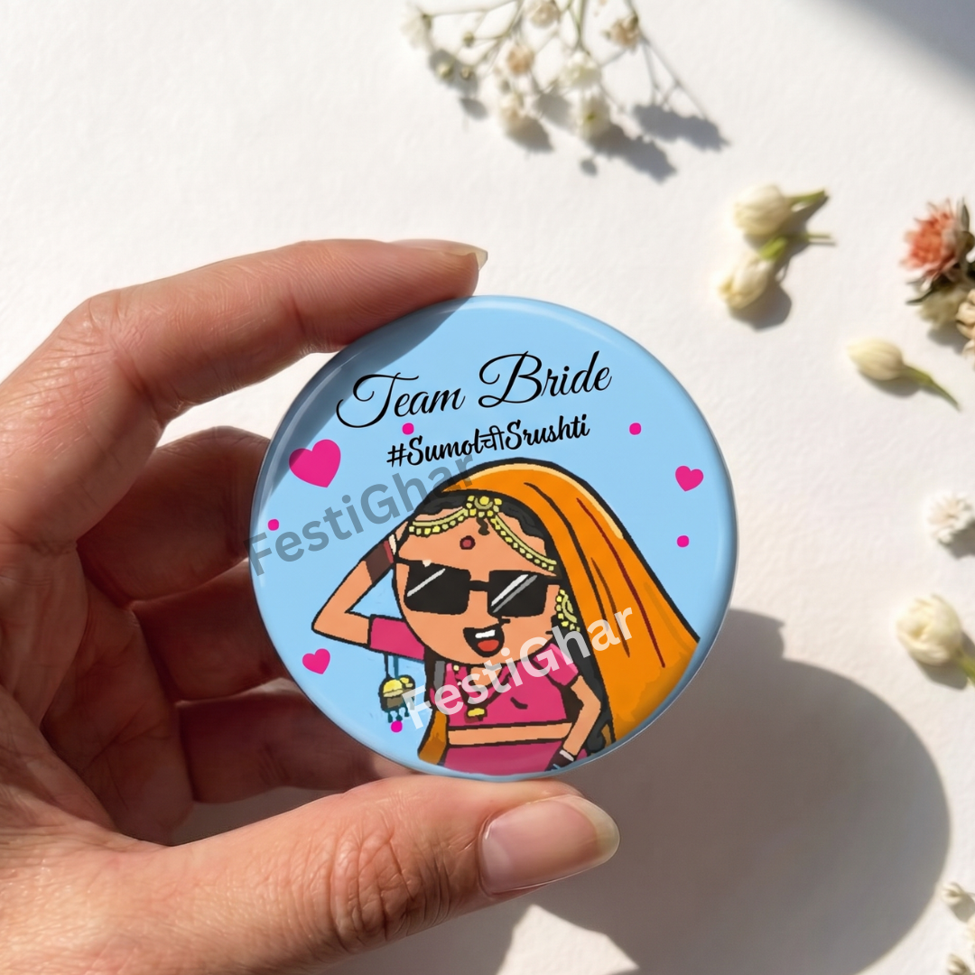 Customized Team Bride badges in blue