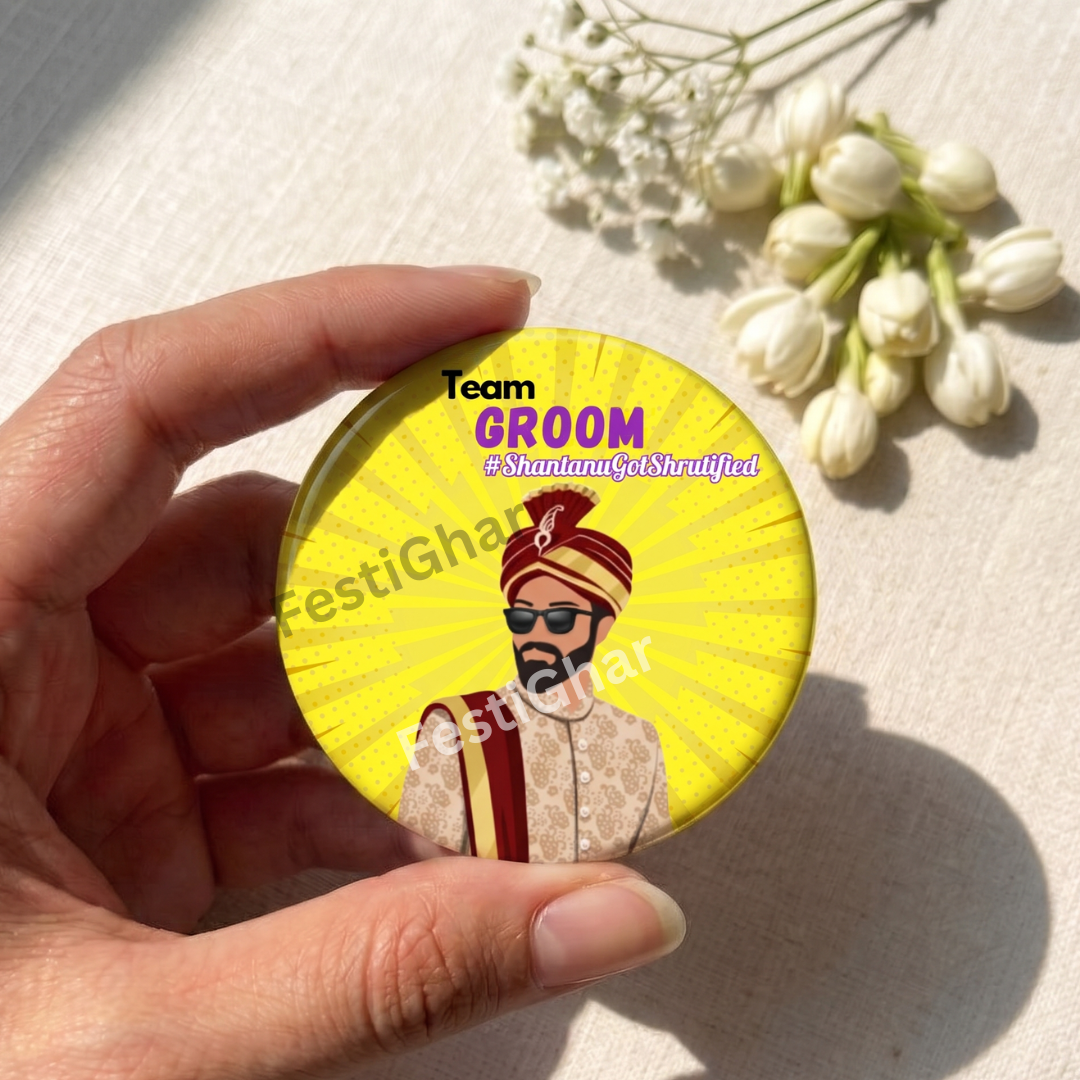 Customized Team Groom badges in yellow