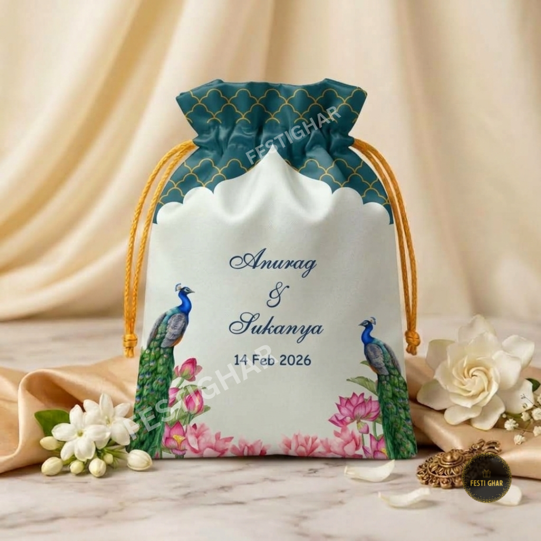 Customized satin potli in green peacock theme