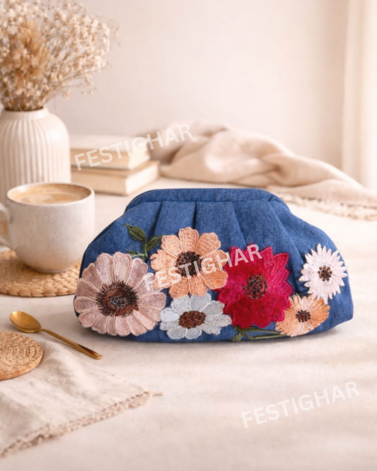 Denim clutch with 3D flower work