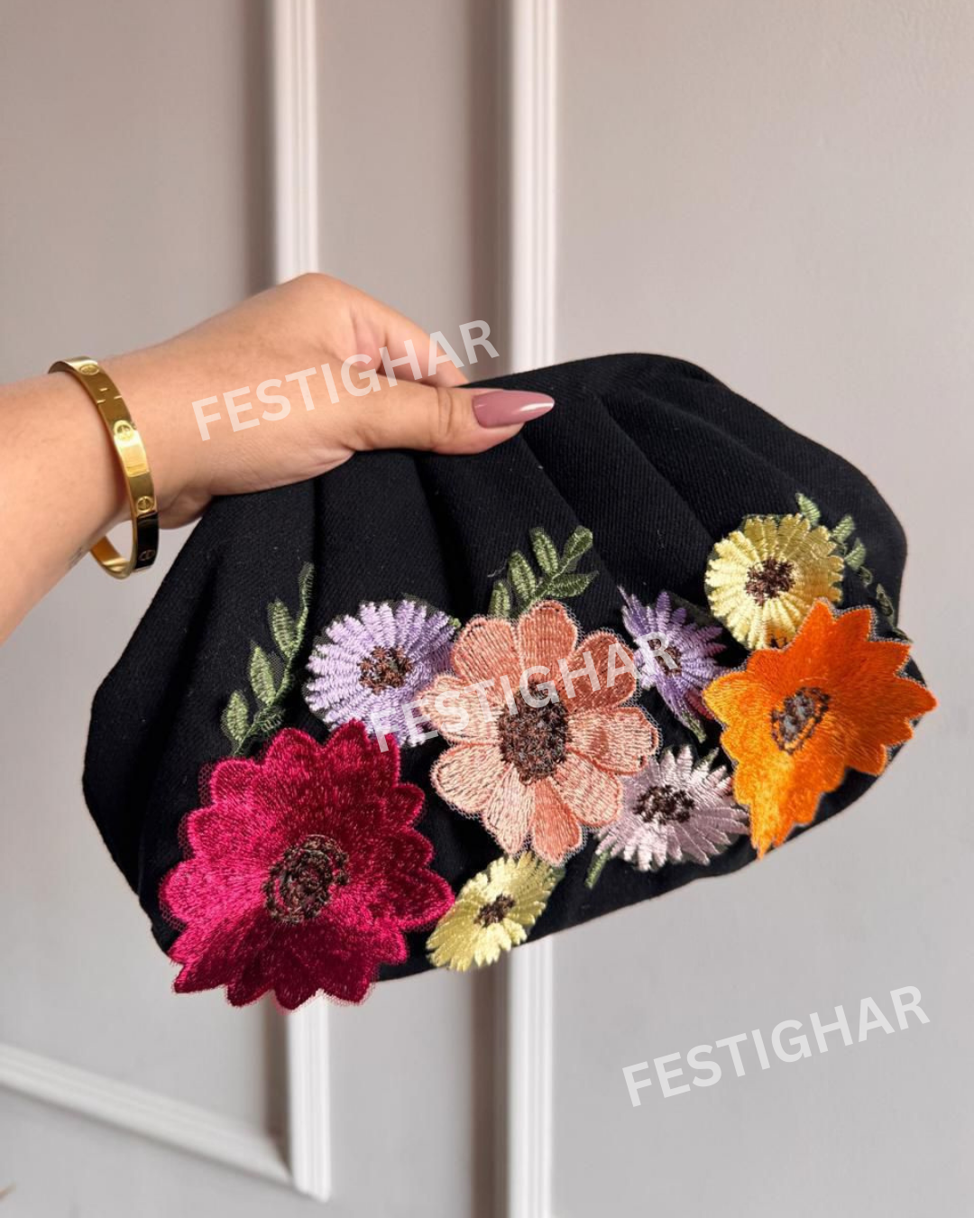 Denim clutch with 3D flower work