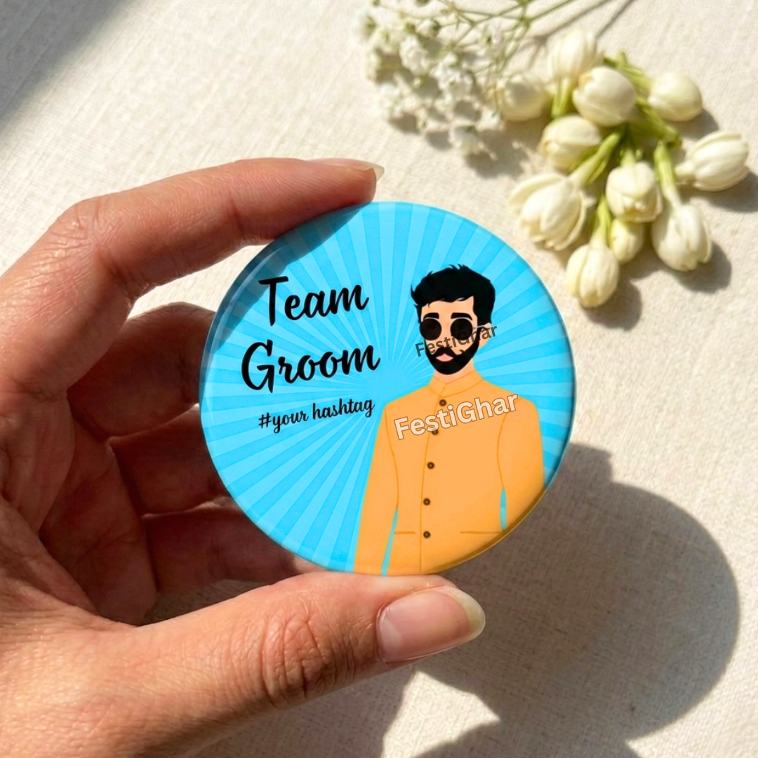 Customized Team Groom badges in blue