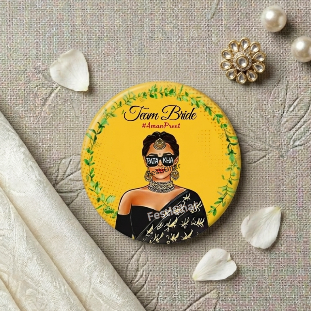 Customized Team Bride Badges in yellow