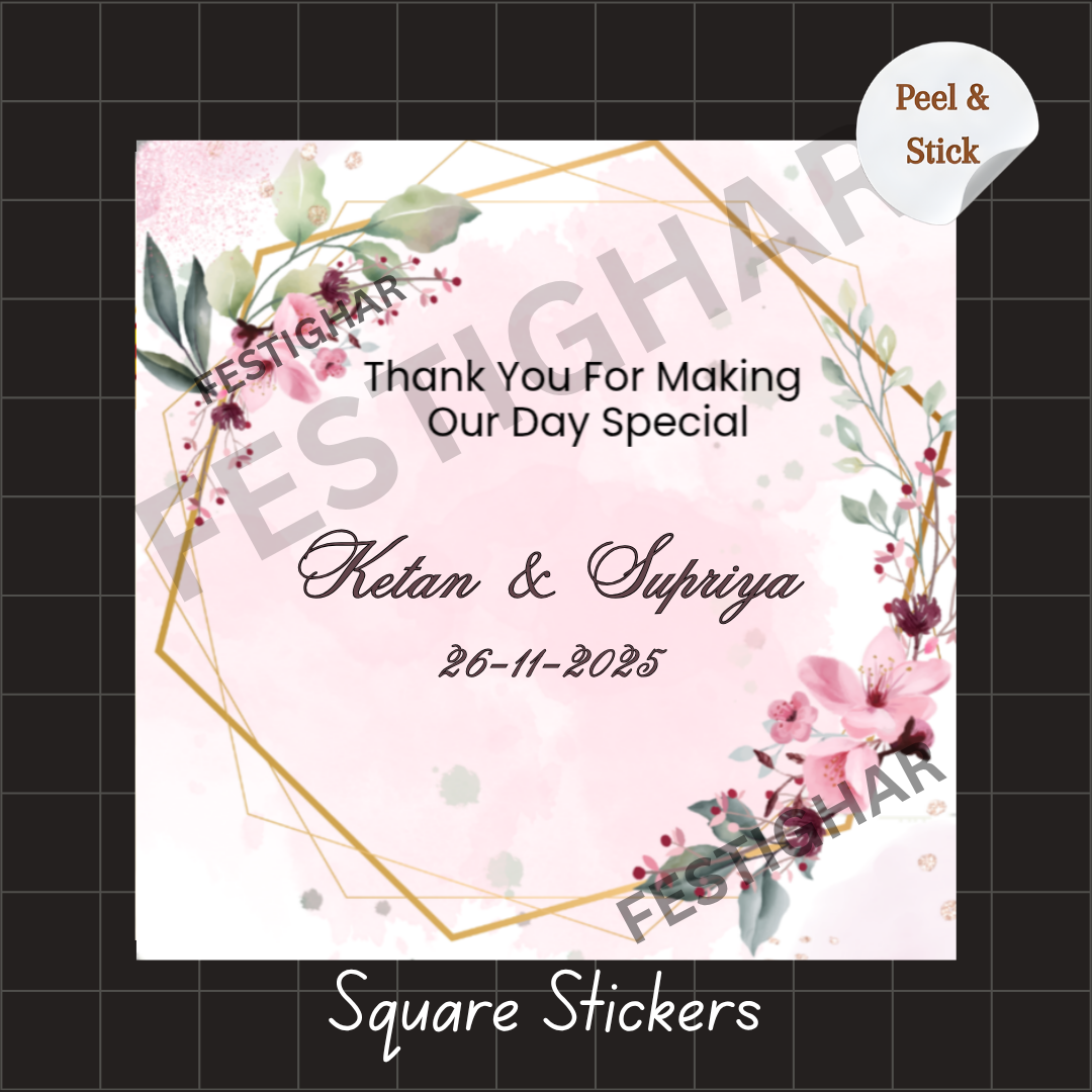 Square Gift sticker for wedding in shade of pink