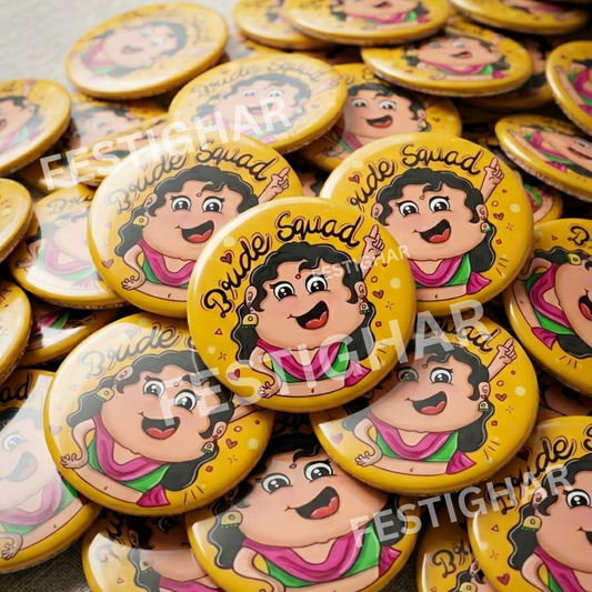 Bride Squad badges in yellow