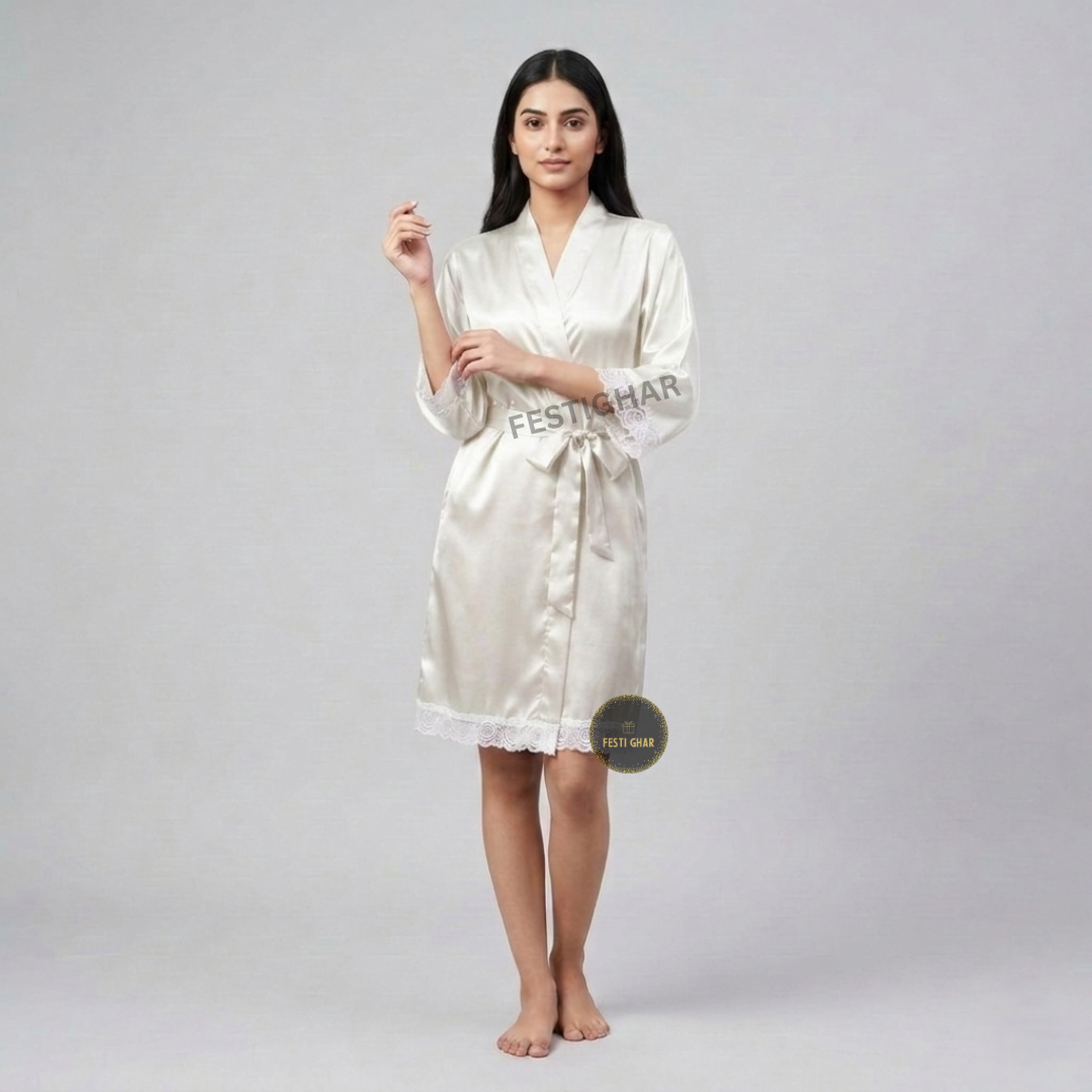 Premium Satin Robe with Lace - customized heart and line design