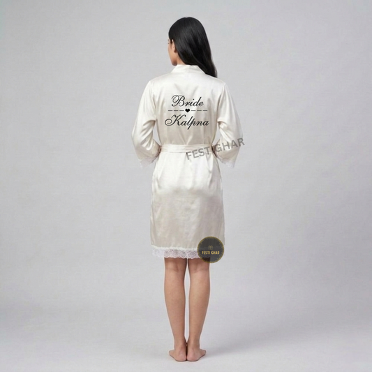 Premium Satin Robe with Lace - customized heart and line design