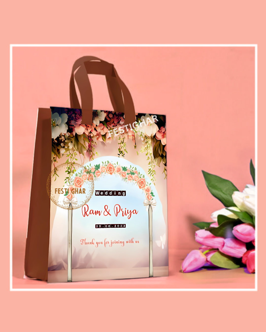 Wedding Theme Fabric Bags in brown