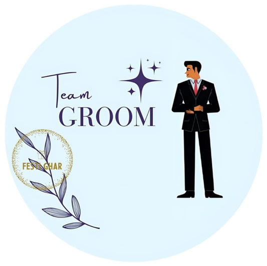 Team Groom badges in blue suit