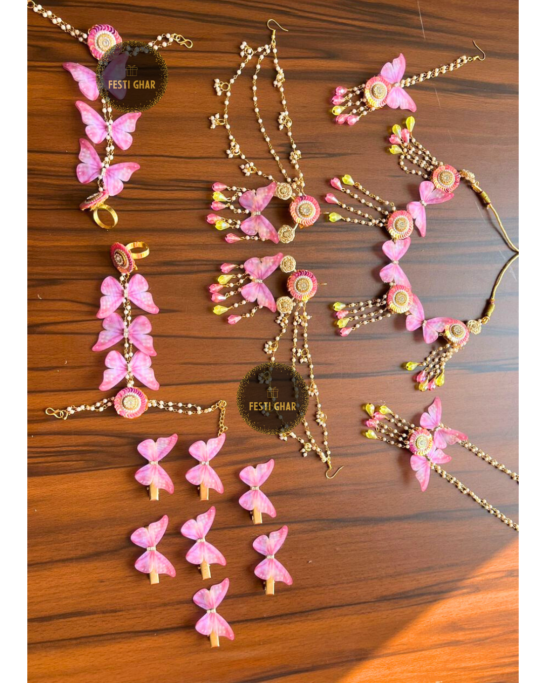 Pink butterfly jewellery set
