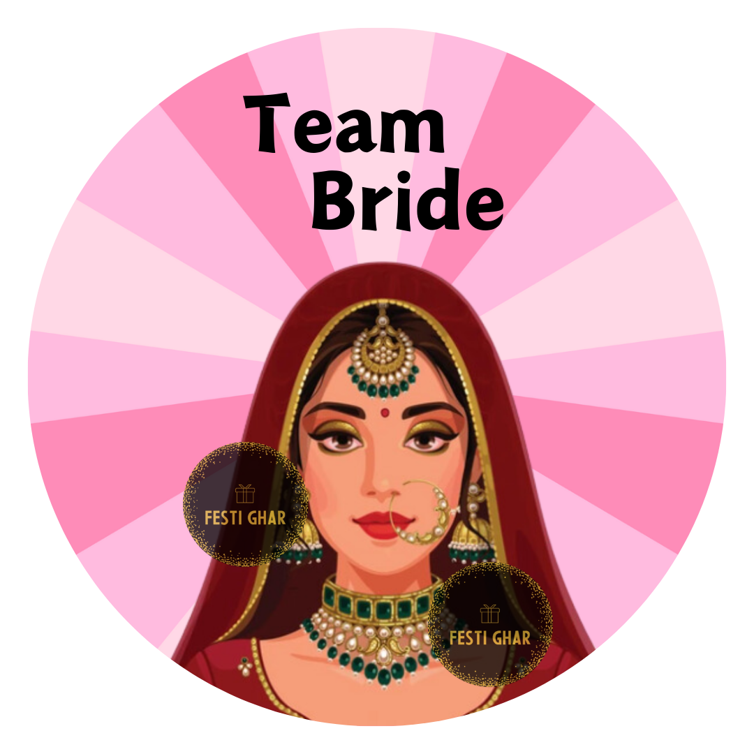 Team Bride badges in shades of pink