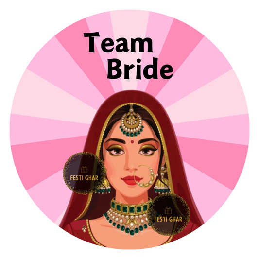 Team Bride badges in shades of pink