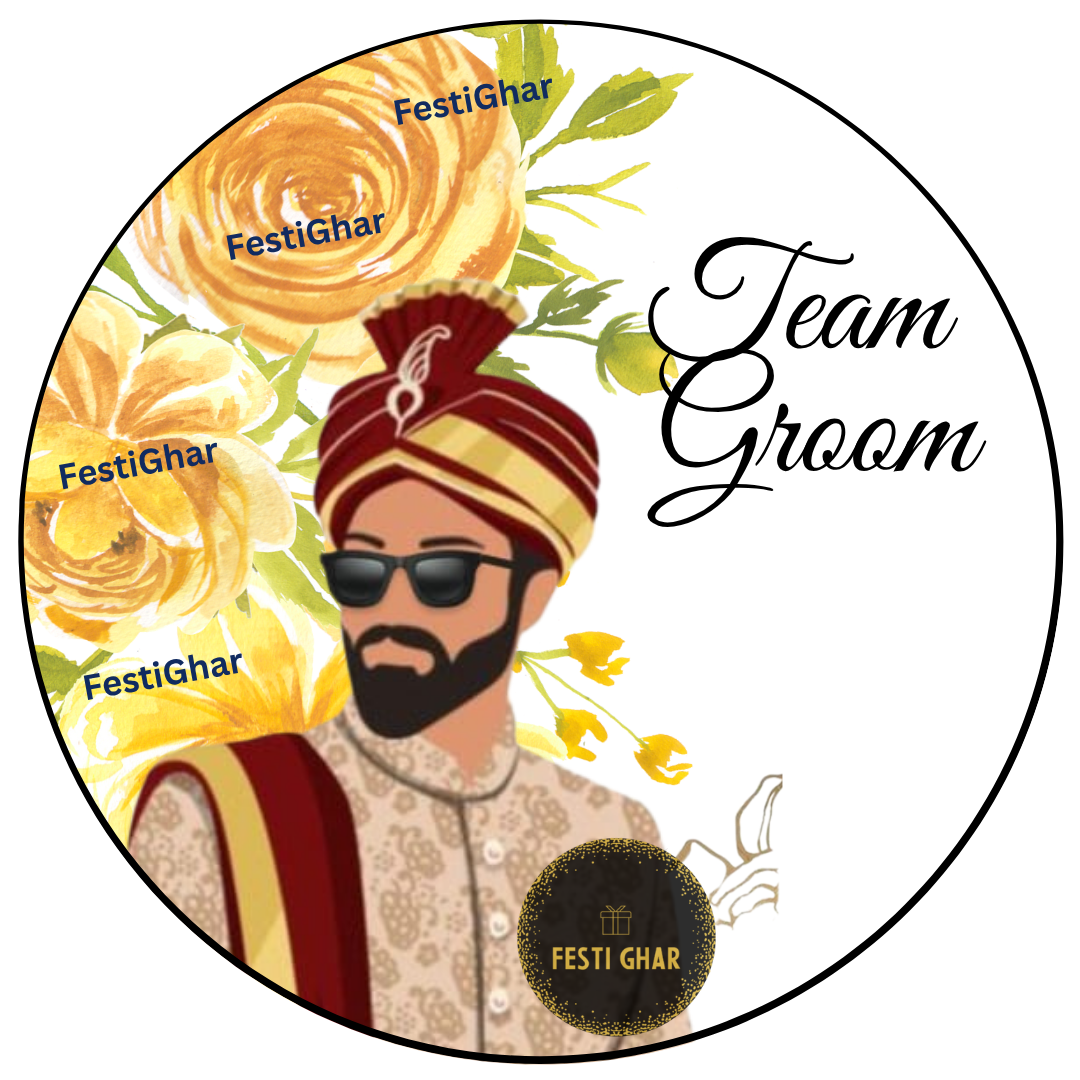 Team Groom Badges in golden flowers