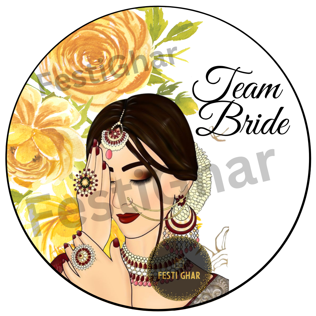 Team Bride Badges with golden flowers
