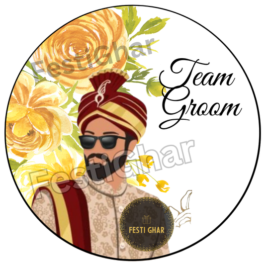 Team Groom Badges in golden flowers